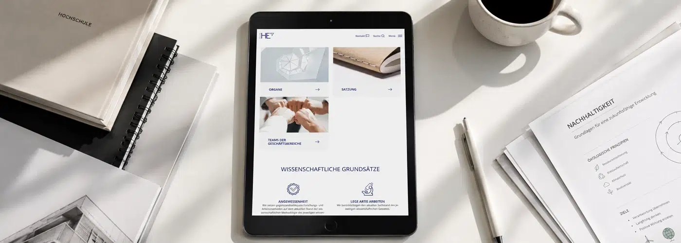 Ein iPad auf einem hellen Schreibtisch zeigt die Webseite der Hochschulentwicklung neben Arbeitsunterlagen und einer Kaffeetasse.