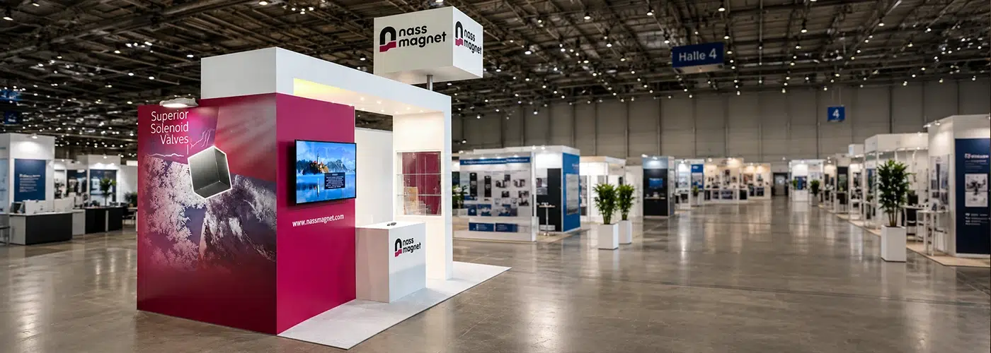 Moderner Messestand der Firma nass magnet in einer großen Messehalle.
