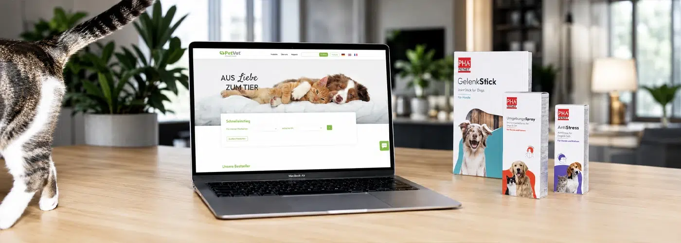 Laptop mit der PetVet-Webseite und verschiedenen PHA-Tiergesundheitsprodukten auf einem Holztisch.