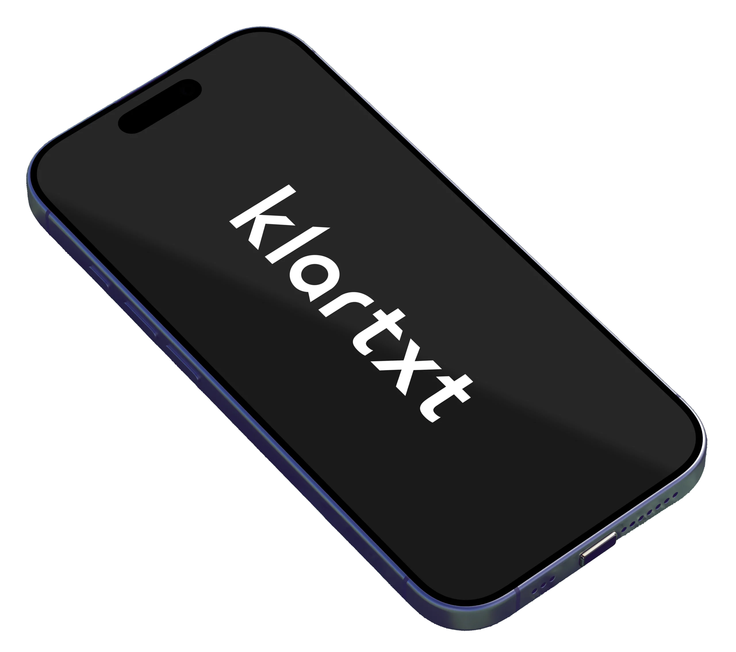 Smartphone in Schrägansicht mit dem Schriftzug klartxt auf dem Display.