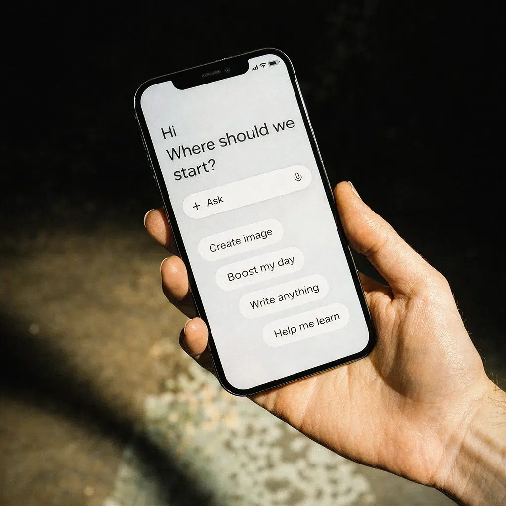 Hand hält ein Smartphone mit einer Benutzeroberfläche für KI-Automatisierung.