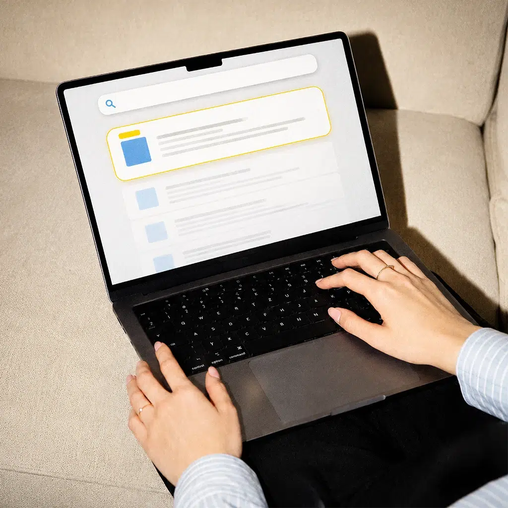 Eine Frau arbeitet an einem Laptop mit Suchergebnissen auf dem Bildschirm.