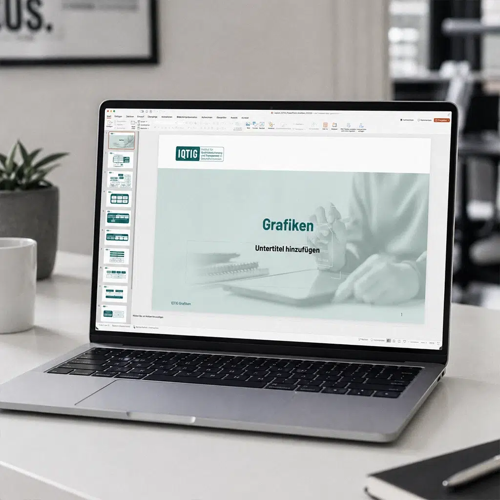 Laptop mit einer geöffneten PowerPoint-Präsentationsvorlage im IQTIG-Design.
